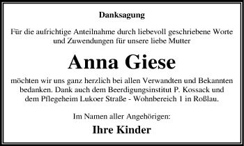 Traueranzeige von Anna Giese von Mitteldeutsche Zeitung Dessau-Roßlau