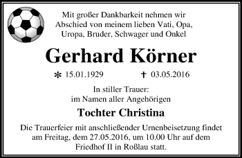 Traueranzeige von Gerhard Körner von Mitteldeutsche Zeitung Dessau-Roßlau