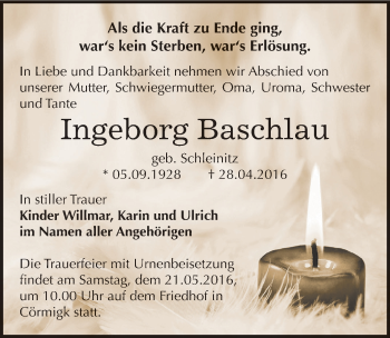 Traueranzeige von Ingeborg Baschlau von Mitteldeutsche Zeitung Bernburg