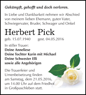 Traueranzeige von Herbert Pick von WVG - Wochenspiegel Dessau / Köthen