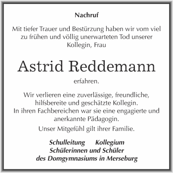 Traueranzeige von Astrid Reddemann von Super Sonntag Merseburg