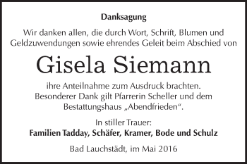 Traueranzeige von Gisela Siemann von WVG - Wochenspiegel Merseburg