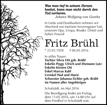 Traueranzeige von Fritz Brühl von Mitteldeutsche Zeitung Merseburg/Querfurt