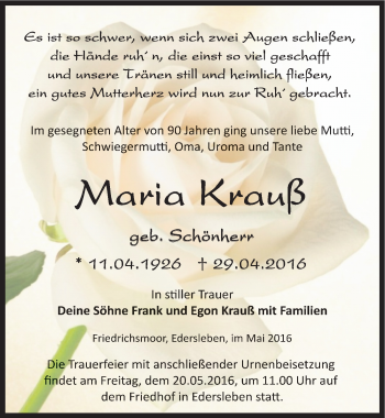 Traueranzeige von Maria Krauß von Mitteldeutsche Zeitung Sangerhausen
