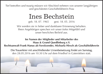 Traueranzeige von Ines Bechstein von Mitteldeutsche Zeitung Quedlinburg