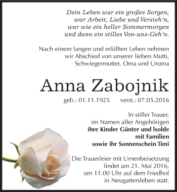 Traueranzeige von Anna Zabojnik von Mitteldeutsche Zeitung Bernburg
