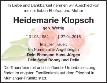 Traueranzeige von Heidemarie Klopsch von WVG - Wochenspiegel Wittenberg