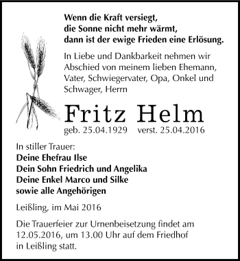 Traueranzeige von Fritz Helm von Mitteldeutsche Zeitung Weißenfels