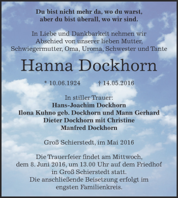 Traueranzeige von Hanna Dockhorn von Super Sonntag Aschersleben