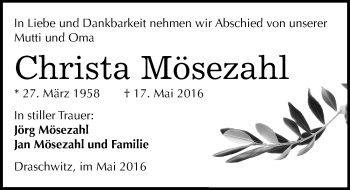 Traueranzeige von Christa Mösezahl von Mitteldeutsche Zeitung Zeitz