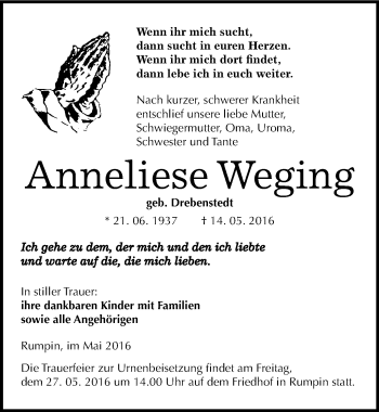 Traueranzeige von Anneliese Weging von Mitteldeutsche Zeitung Halle/Saalkreis