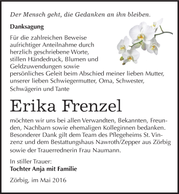 Traueranzeige von Erika Frenzel von Mitteldeutsche Zeitung Bitterfeld
