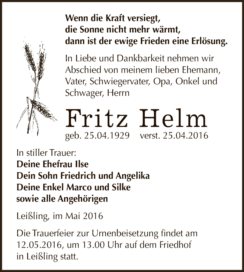  Traueranzeige für Fritz Helm vom 04.05.2016 aus WVG - Wochenspiegel NMB / WSF / ZTZ