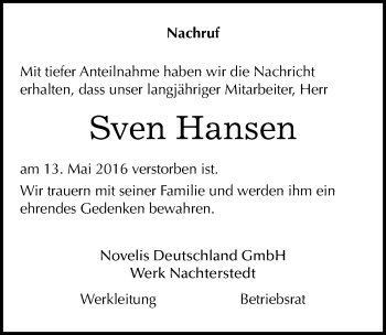 Traueranzeige von Sven Hansen von Mitteldeutsche Zeitung Aschersleben