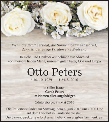Traueranzeige von Otto Peters von WVG - Wochenspiegel Quedlinburg