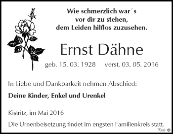 Traueranzeige von Ernst Dähne von WVG - Wochenspiegel NMB / WSF / ZTZ