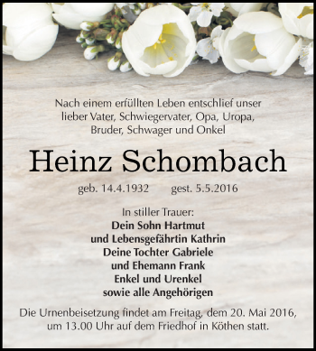 Traueranzeige von Heinz Schombach von WVG - Wochenspiegel Dessau / Köthen