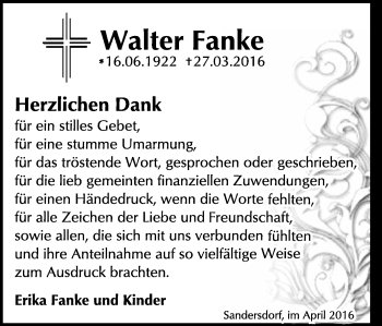 Traueranzeige von Walter Franke von WVG - Wochenspiegel Bitterfeld