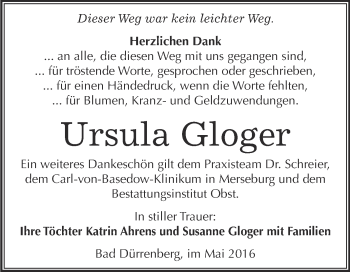 Traueranzeige von Ursula Gloger von Super Sonntag Merseburg