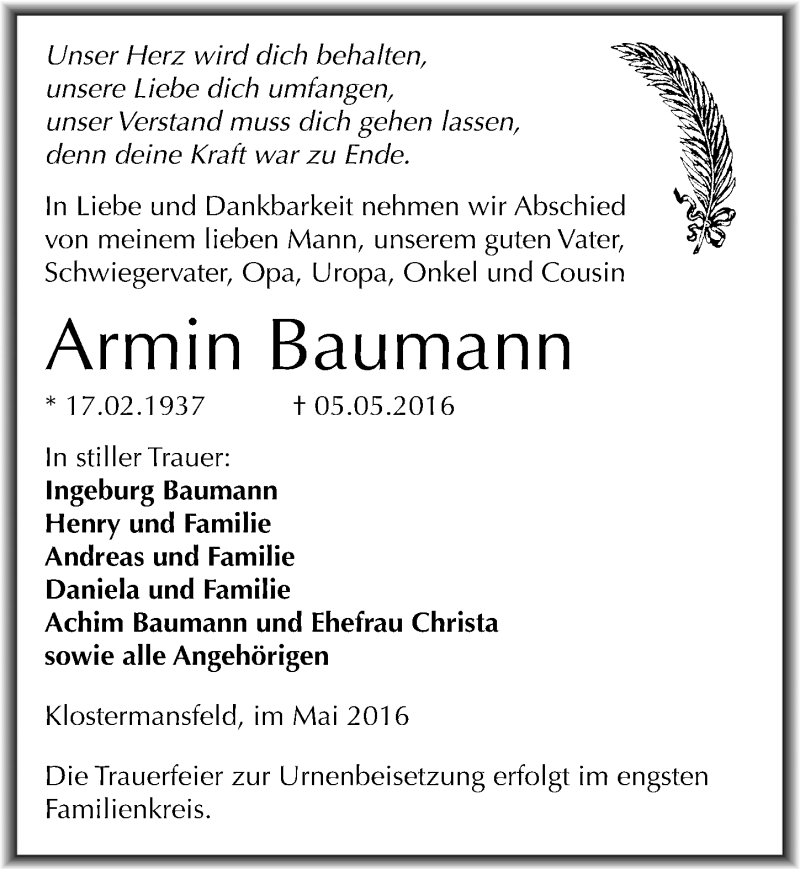  Traueranzeige für Armin Baumann vom 14.05.2016 aus Mitteldeutsche Zeitung Mansfelder Land