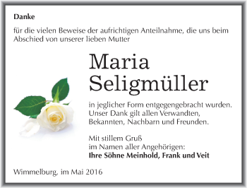 Traueranzeige von Maria Seligmüller von Mitteldeutsche Zeitung Mansfelder Land