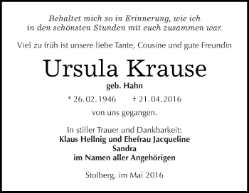 Traueranzeige von Ursula Krause von Super Sonntag SGH Mansf. Land