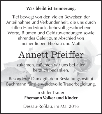 Traueranzeige von Annett Pfeiffer von WVG - Wochenspiegel Dessau / Köthen