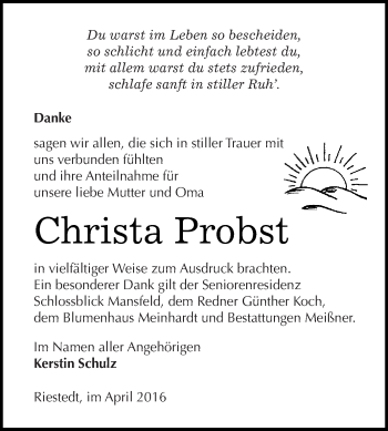 Traueranzeige von Christa Probst von WVG - Wochenspiegel SGH