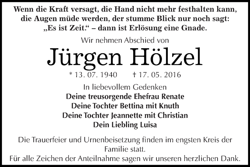  Traueranzeige für Jürgen Hölzel vom 28.05.2016 aus WVG - Wochenspiegel Dessau / Köthen