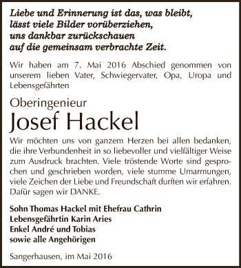Traueranzeige von Josef Hackel von Super Sonntag SGH Mansf. Land