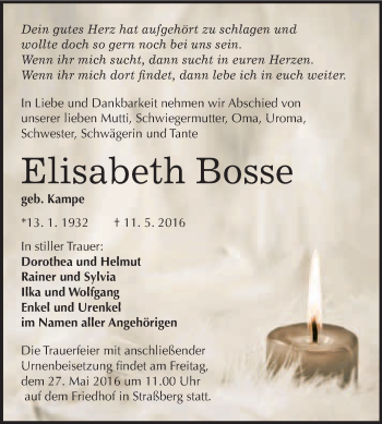 Traueranzeige von Elisabeth Bosse von WVG - Wochenspiegel Quedlinburg