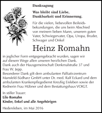 Traueranzeige von Heinz Romahn von Wochenspiegel Mansfelder Land