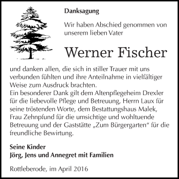 Traueranzeige von Werner Fischer von Super Sonntag SGH Mansf. Land
