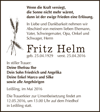 Traueranzeige von Fritz Helm von WVG - Wochenspiegel NMB / WSF / ZTZ