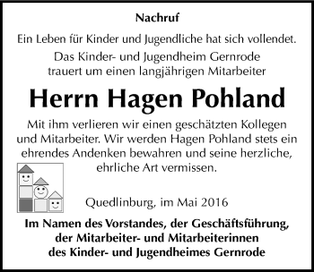 Traueranzeige von Hagen Pohland von Mitteldeutsche Zeitung Quedlinburg