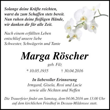 Traueranzeige von Marga Röscher von WVG - Wochenspiegel Dessau / Köthen