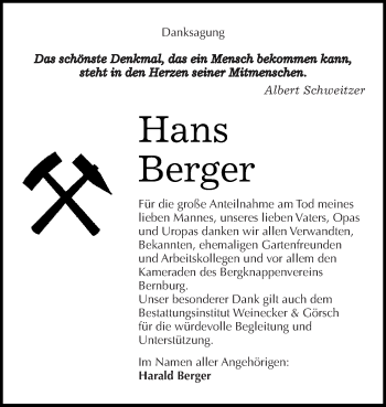 Traueranzeige von Hans Berger von Super Sonntag Bernburg