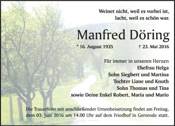 Traueranzeige von Manfred Döring von Mitteldeutsche Zeitung Quedlinburg