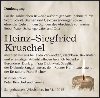 Traueranzeige von Heinz-Siegfried Kruschel von Mitteldeutsche Zeitung Sangerhausen