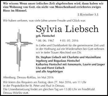 Traueranzeige von Sylvia Liebsch von WVG - Wochenspiegel Dessau / Köthen