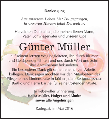 Traueranzeige von Günter Müller von Mitteldeutsche Zeitung Köthen