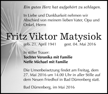 Traueranzeige von Fritz Viktor Matysiok von Mitteldeutsche Zeitung Merseburg/Querfurt