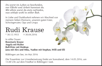 Traueranzeige von Rudi Krause von Mitteldeutsche Zeitung Mansfelder Land