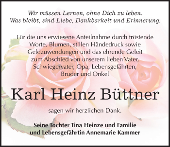Traueranzeige von Karl Heinz Büttner von Mitteldeutsche Zeitung Mansfelder Land