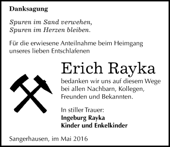 Traueranzeige von Erich Rayka von Mitteldeutsche Zeitung Sangerhausen