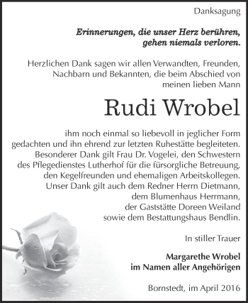Traueranzeige von Rudi Wrobel von WVG - Wochenspiegel SGH