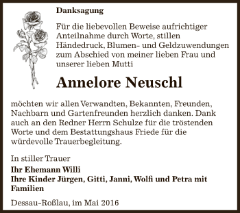 Traueranzeige von Annelore Neuschl von WVG - Wochenspiegel Dessau / Köthen