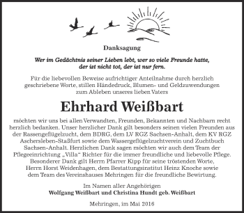Traueranzeige von Ehrhard Weißbart von Super Sonntag Aschersleben