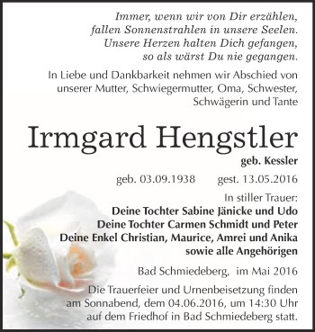 Traueranzeige von Irmgard Hengstler von WVG - Wochenspiegel Wittenberg
