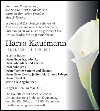 Traueranzeige von Harro Kaufmann von Super Sonntag SGH Mansf. Land